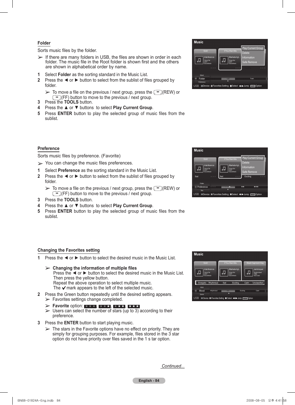 Favorites settings change completed, Favorite option, Rew) or | Samsung BN68-01824A-00 User Manual | Page 84 / 230