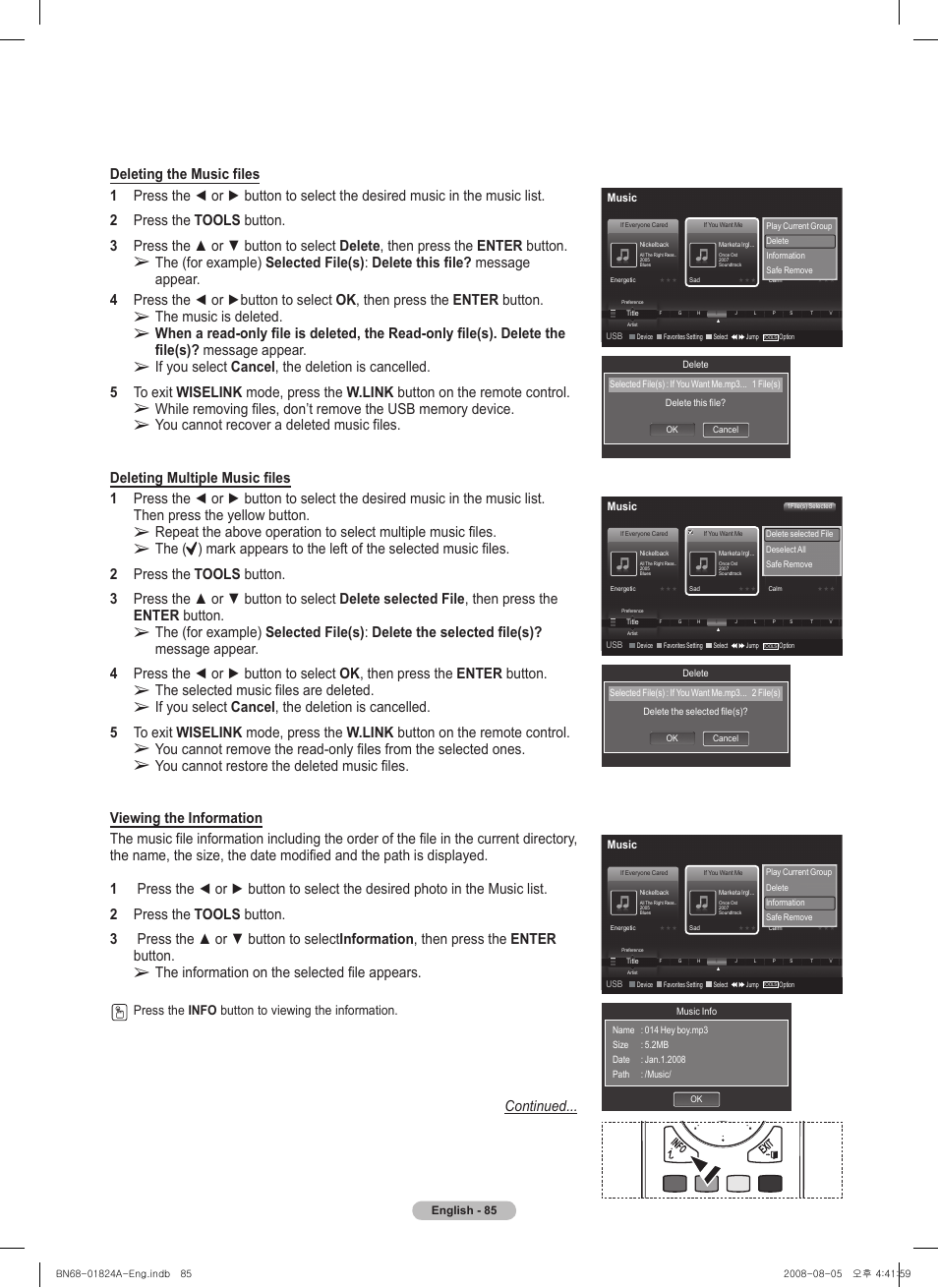The music is deleted, The selected music files are deleted, The information on the selected file appears | Continued, Press the info button to viewing the information | Samsung BN68-01824A-00 User Manual | Page 85 / 230