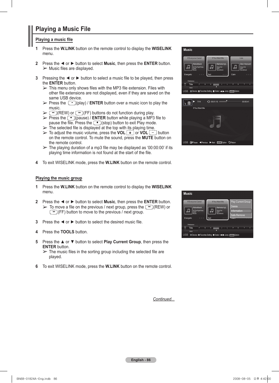 Playing a music file, Press the, Rew) or | Ff) buttons do not function during play, Stop) button to exit play mode, Or vol | Samsung BN68-01824A-00 User Manual | Page 86 / 230