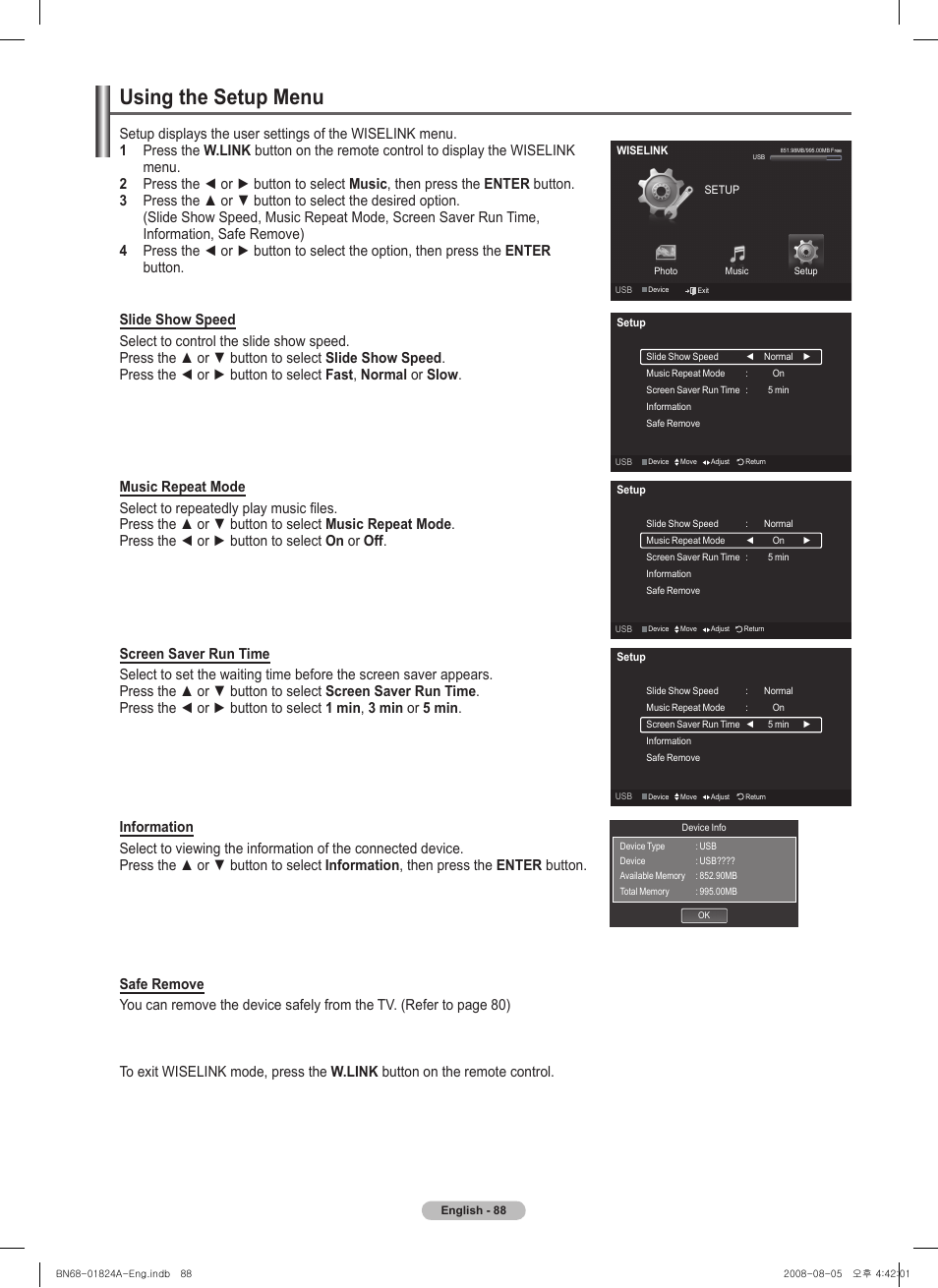 Using the setup menu | Samsung BN68-01824A-00 User Manual | Page 88 / 230