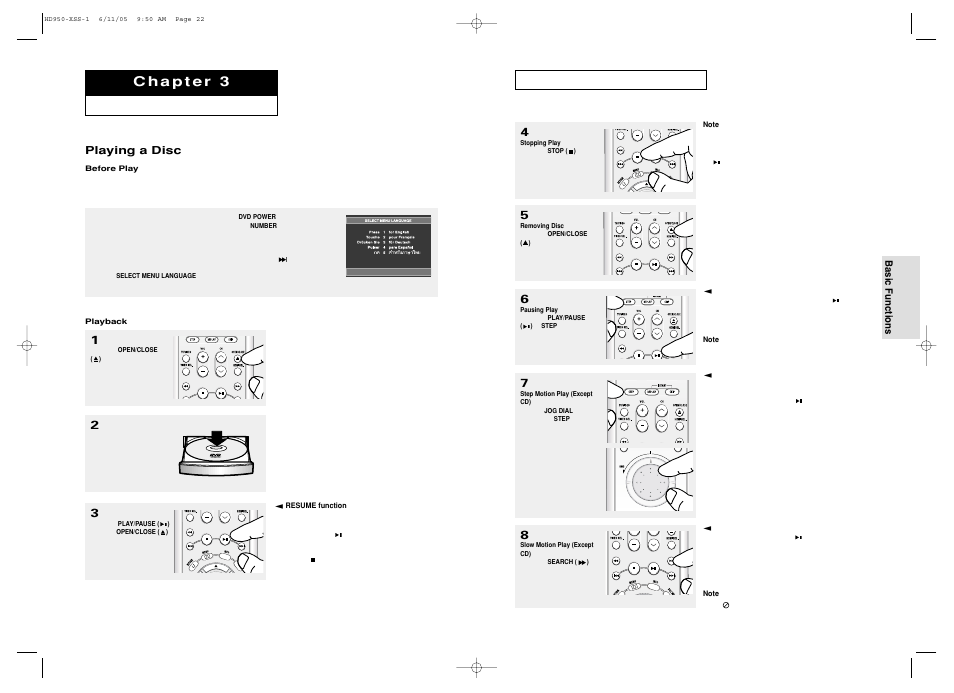 Basic functions, Playing a disc | Samsung DVD-HD950 User Manual | Page 12 / 38