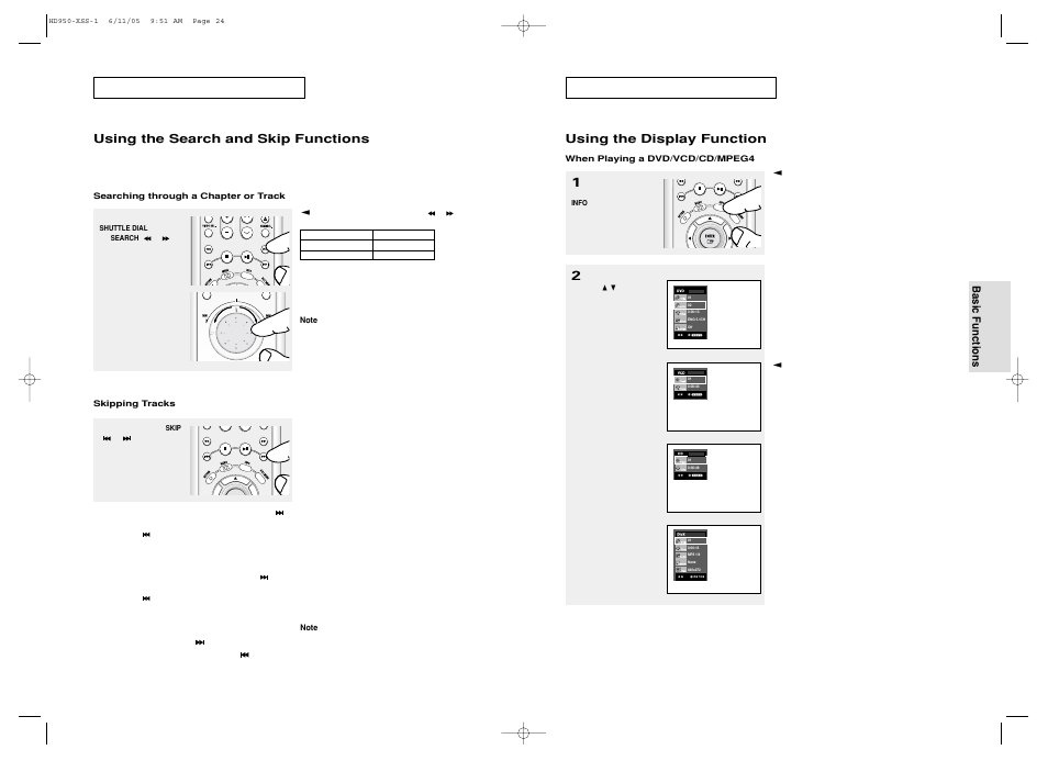 Using the search and skip functions, Using the display function | Samsung DVD-HD950 User Manual | Page 13 / 38