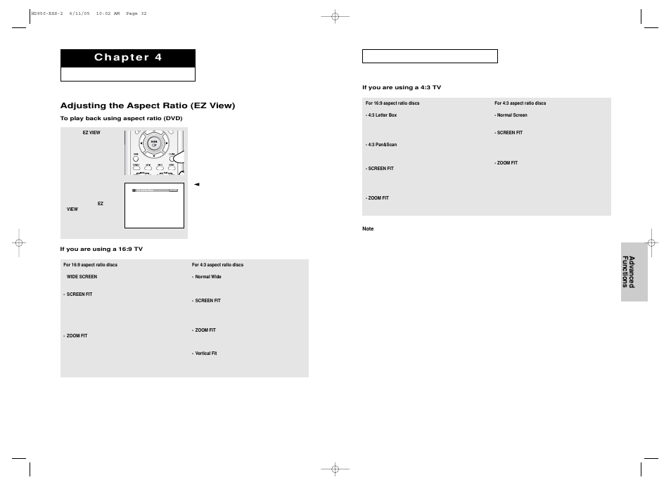 Advanced functions, Adjusting the aspect ratio (ez view) | Samsung DVD-HD950 User Manual | Page 17 / 38