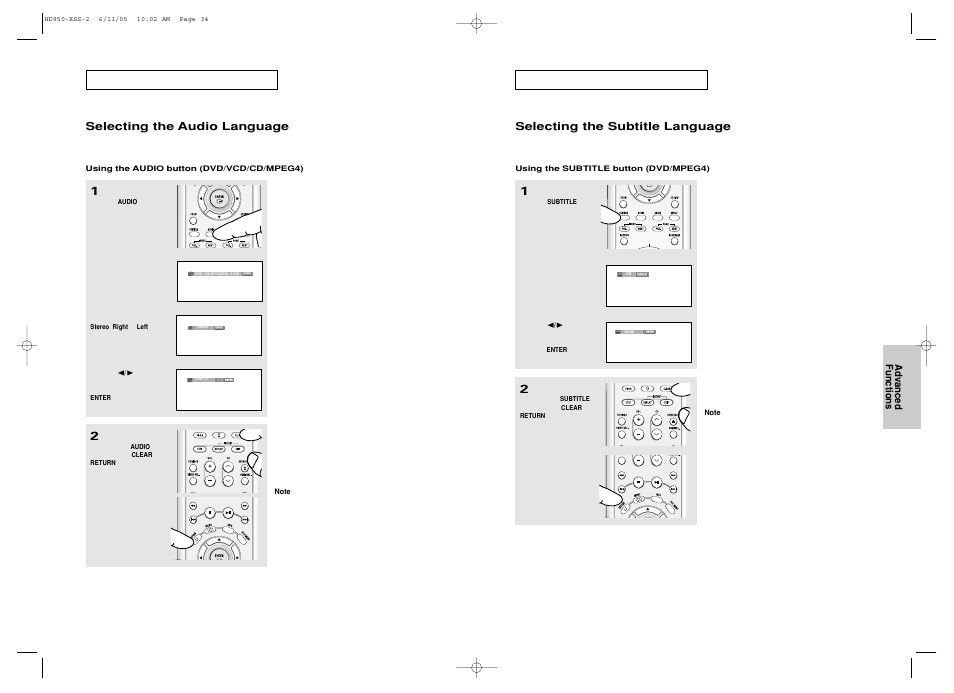 Selecting the audio language, Selecting the subtitle language | Samsung DVD-HD950 User Manual | Page 18 / 38