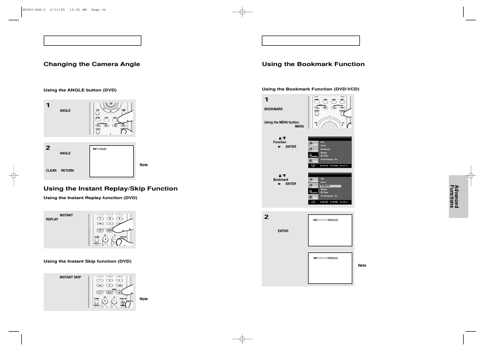 Changing the camera angle, Using the instant replay/skip function, Using the bookmark function | Advanced functions | Samsung DVD-HD950 User Manual | Page 19 / 38
