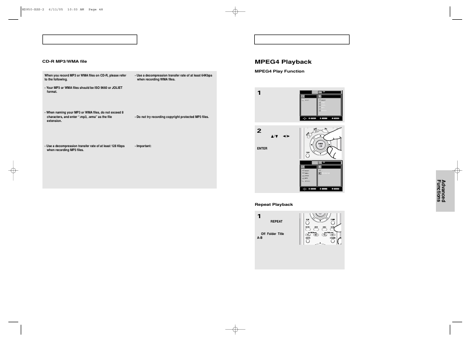 Mpeg4 playback, Advanced functions | Samsung DVD-HD950 User Manual | Page 25 / 38