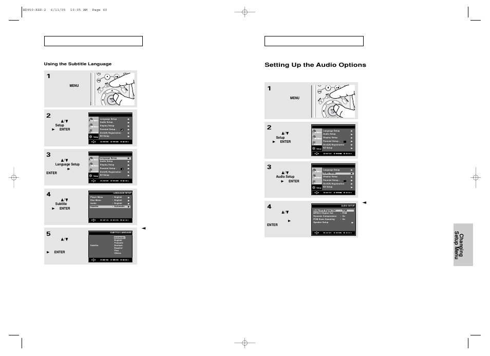 Setting up the audio options, Changing setup menu | Samsung DVD-HD950 User Manual | Page 31 / 38