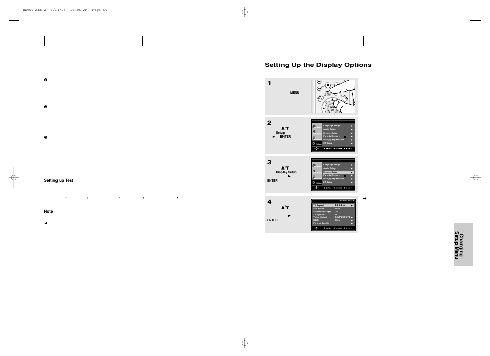 Setting up the display options, Changing setup menu | Samsung DVD-HD950 User Manual | Page 33 / 38