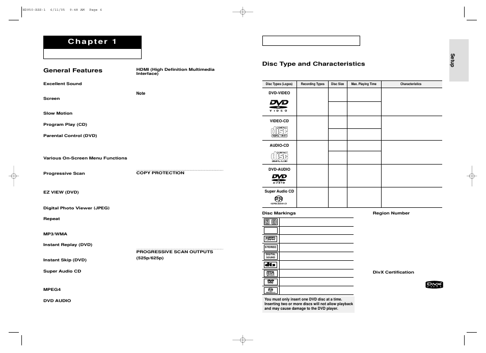 Setup, General features, Disc type and characteristics | Samsung DVD-HD950 User Manual | Page 4 / 38