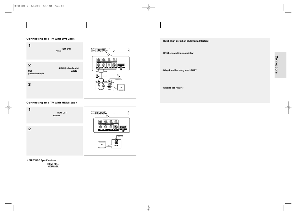 Connecting to a tv with dvi jack, Hdmi video specifications | Samsung DVD-HD950 User Manual | Page 9 / 38