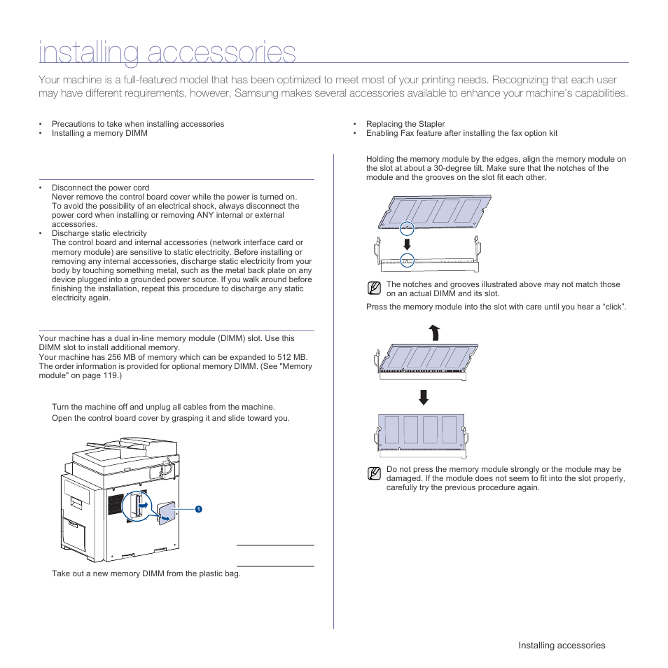 Installing accessories, Precautions to take when installing accessories, Installing a memory dimm | Installing a memory module | Samsung SCX-6555N Series User Manual | Page 121 / 186
