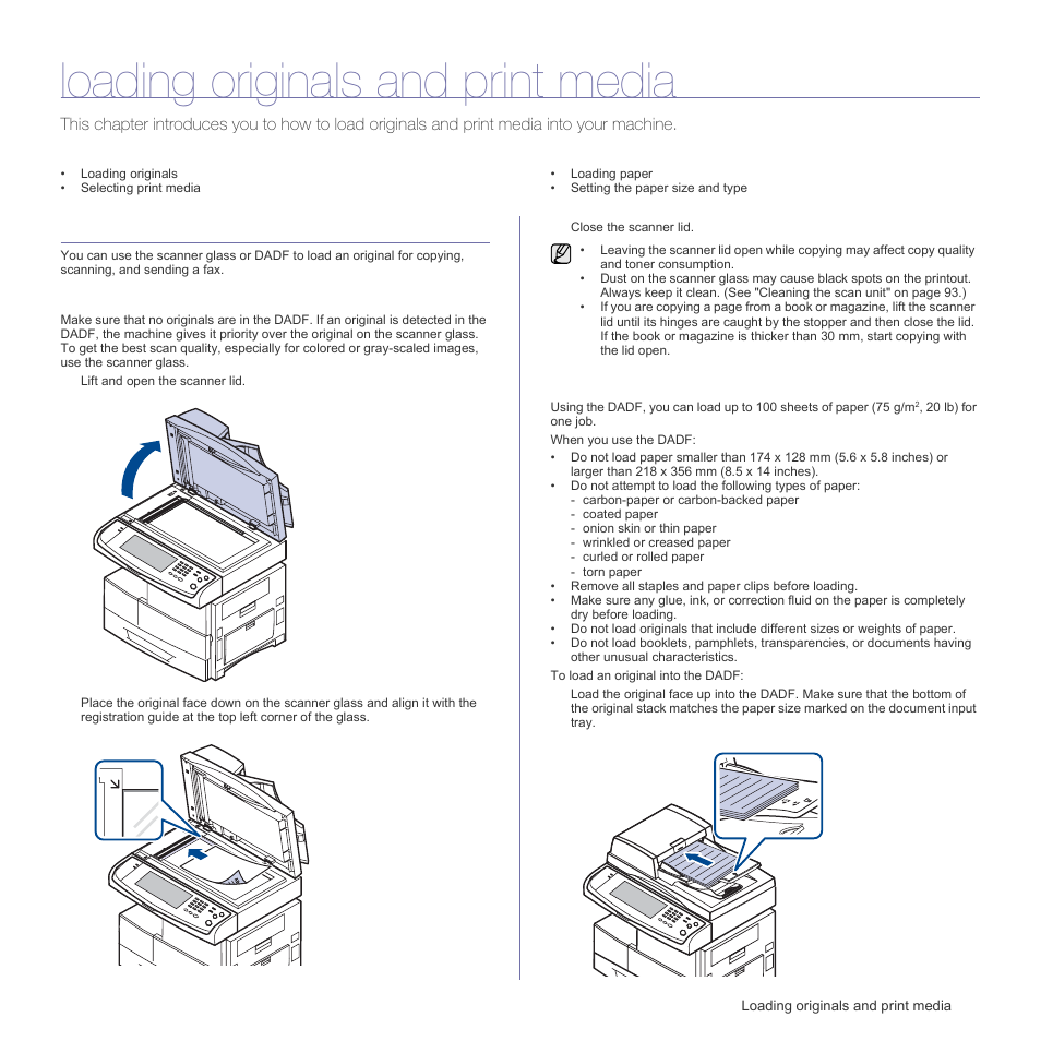 Loading originals and print media, Loading originals, On the scanner glass | In the dadf | Samsung SCX-6555N Series User Manual | Page 31 / 186