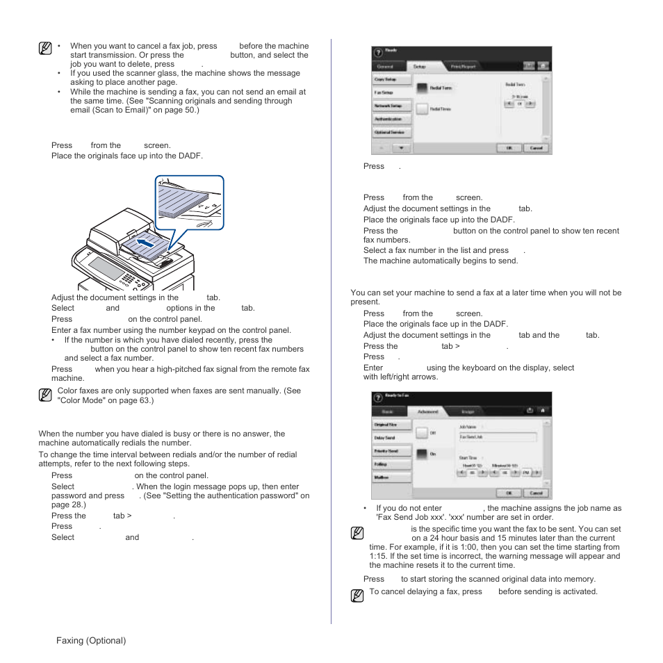 Sending a fax manually (on hook dial), Automatic resending, Redialing the last number | Delaying a fax transmission, Sending a fax manually ( o | Samsung SCX-6555N Series User Manual | Page 60 / 186