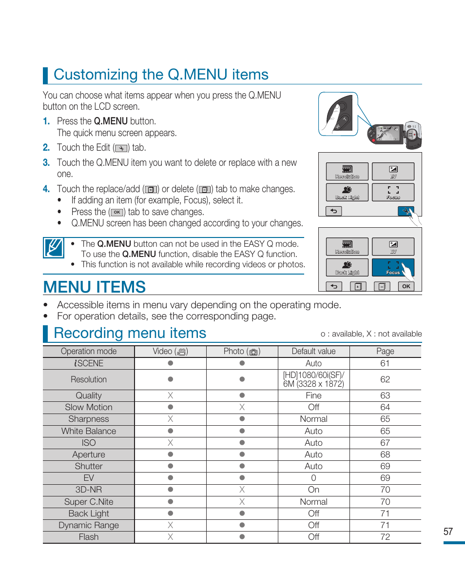 Menu items, Recording menu items, Customizing the q.menu items | Samsung HMX-R10SN User Manual | Page 61 / 157