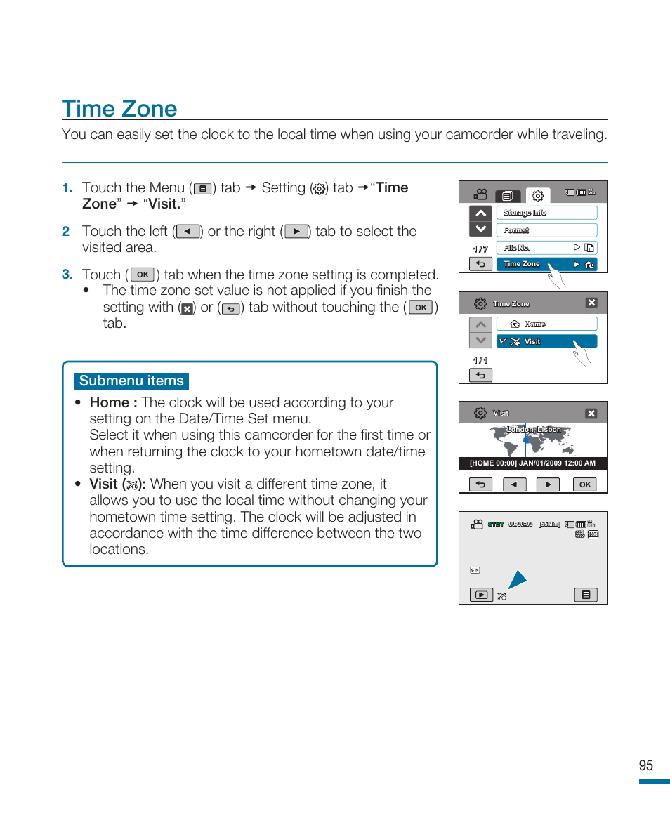 Time zone, Touch | Samsung HMX-R10SN User Manual | Page 99 / 157