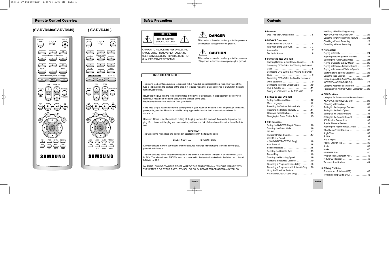Remote control overview, Danger | Samsung SV-DVD545 User Manual | Page 2 / 25