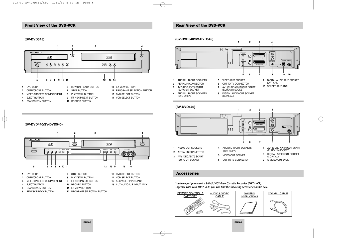 Op en/c los e sta nd by /on, Front view of the dvd-vcr, Rear view of the dvd-vcr | Accessories | Samsung SV-DVD545 User Manual | Page 4 / 25