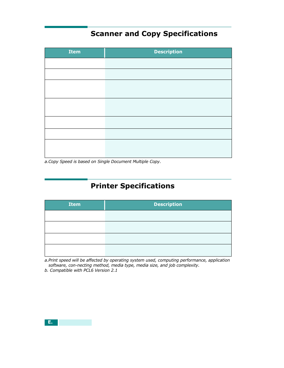Scanner and copy specifications, Printer specifications | Samsung SCX-6320F User Manual | Page 231 / 330