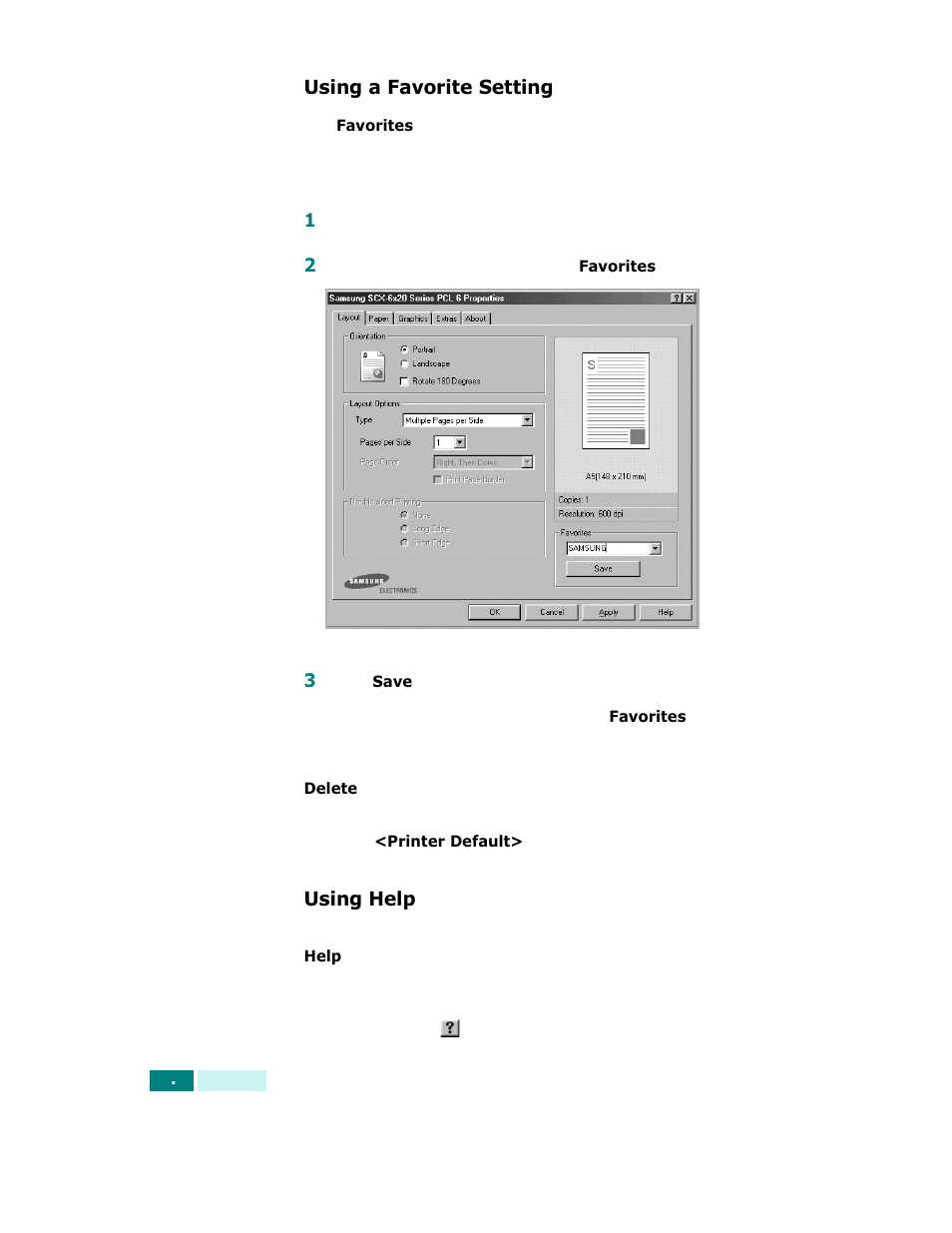Using a favorite setting, Using help, Using a favorite setting using help | Samsung SCX-6320F User Manual | Page 89 / 330