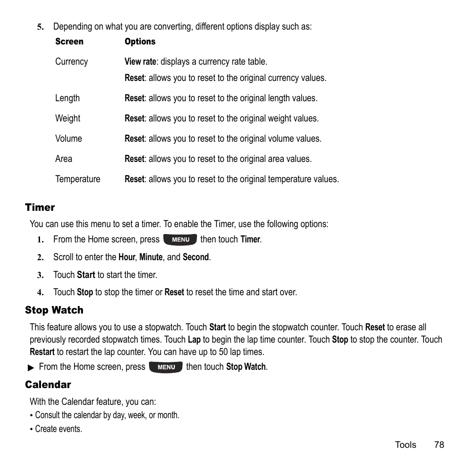 Timer, Stop watch, Calendar | Timer stop watch calendar | Samsung 07202010 User Manual | Page 85 / 154