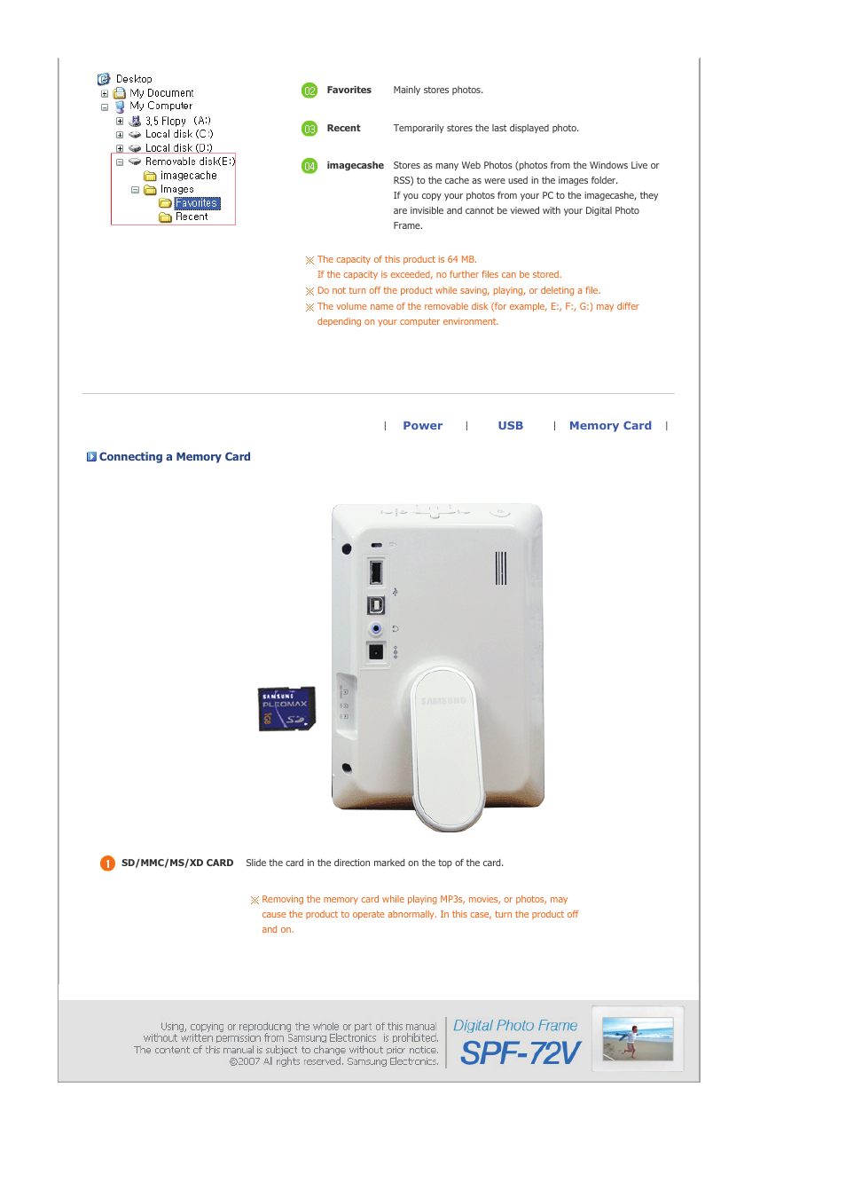 Folder structure, Connecting a memory card | Samsung SAMTRON 72V User Manual | Page 13 / 38