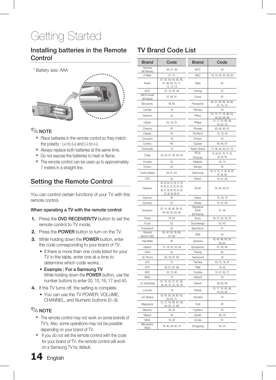 Getting started, Installing batteries in the remote control, Setting the remote control | Tv brand code list, English, Battery size: aaa | Samsung AH68-02269K User Manual | Page 14 / 48