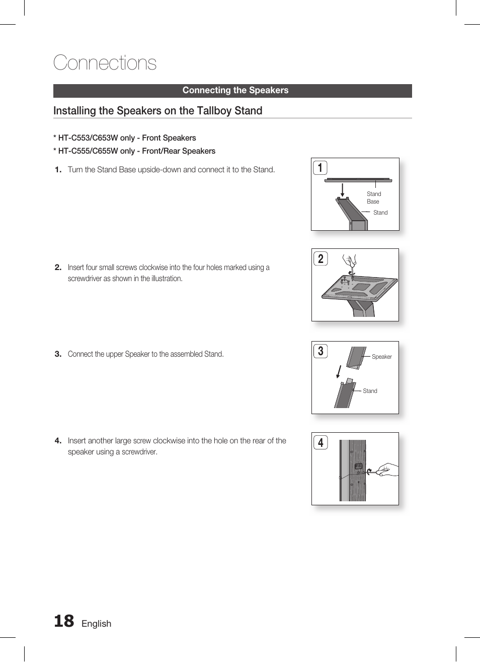 Connecting the speakers, Connections | Samsung AH68-02269K User Manual | Page 18 / 48