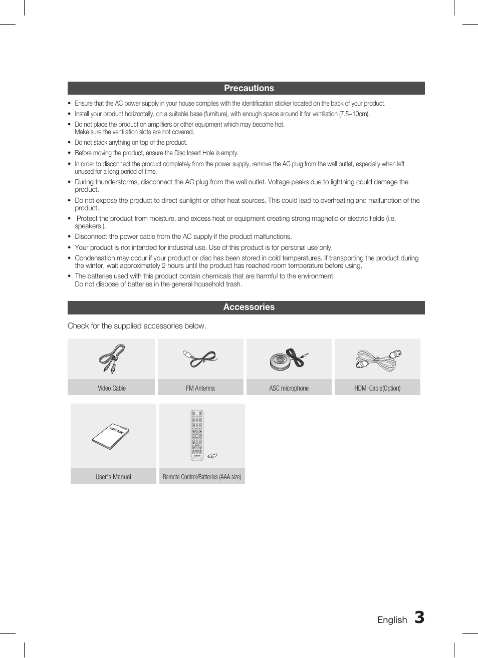 Precautions, Accessories, English | Samsung AH68-02269K User Manual | Page 3 / 48