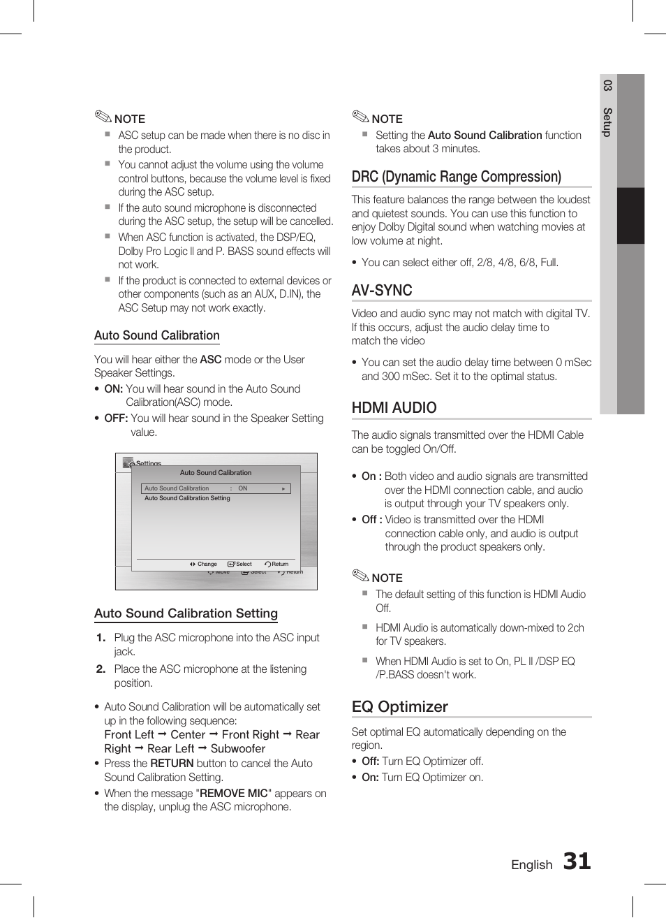 Drc (dynamic range compression), Av-sync, Hdmi audio | Eq optimizer | Samsung AH68-02269K User Manual | Page 31 / 48