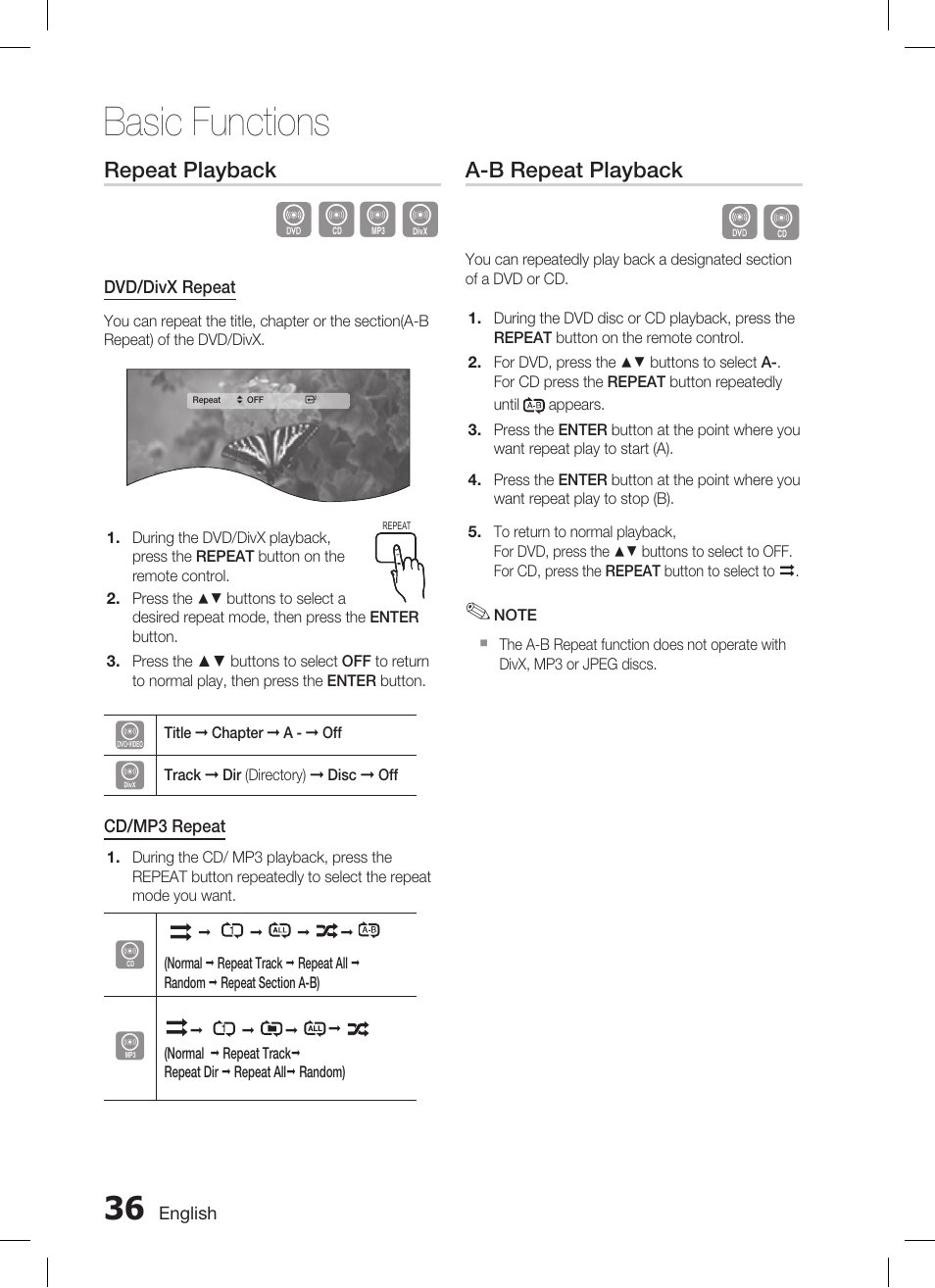 Basic functions, Repeat playback, A-b repeat playback | Samsung AH68-02269K User Manual | Page 36 / 48