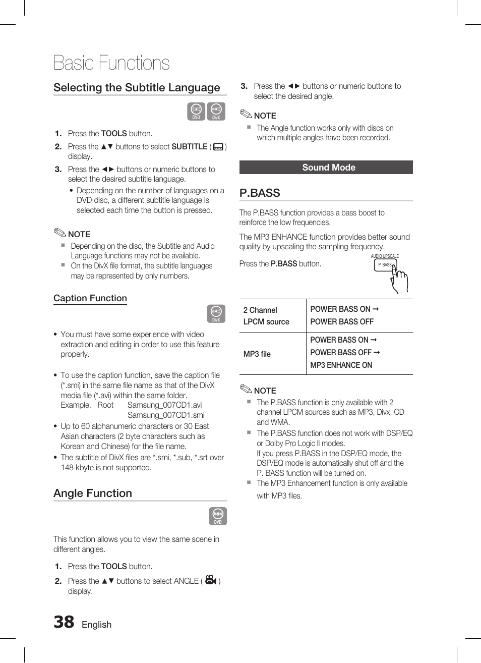 Sound mode, Basic functions, Selecting the subtitle language | Angle function, P.bass | Samsung AH68-02269K User Manual | Page 38 / 48