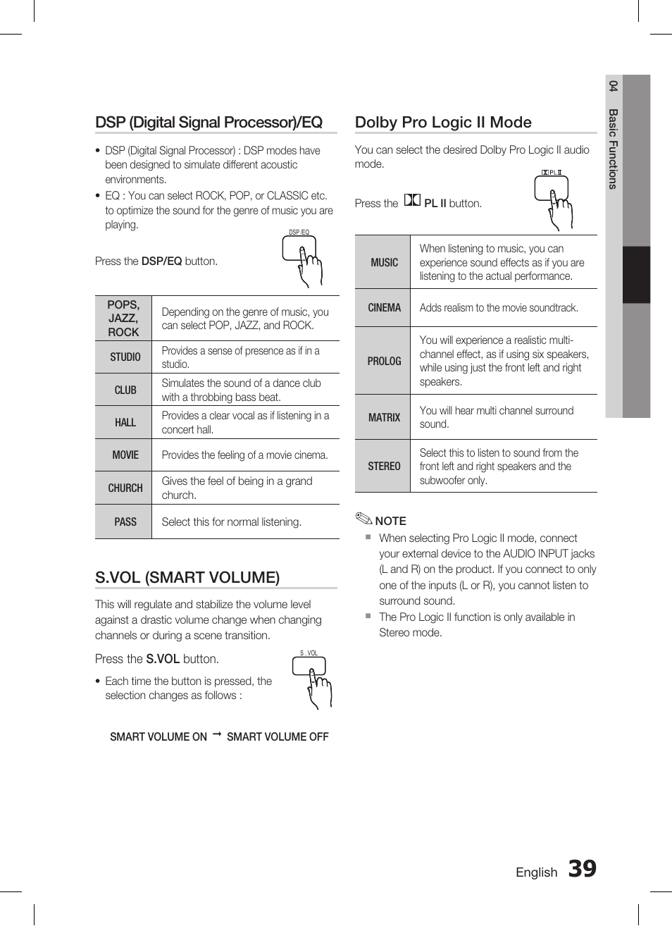 Dsp (digital signal processor)/eq, S.vol (smart volume), Dolby pro logic ii mode | Samsung AH68-02269K User Manual | Page 39 / 48
