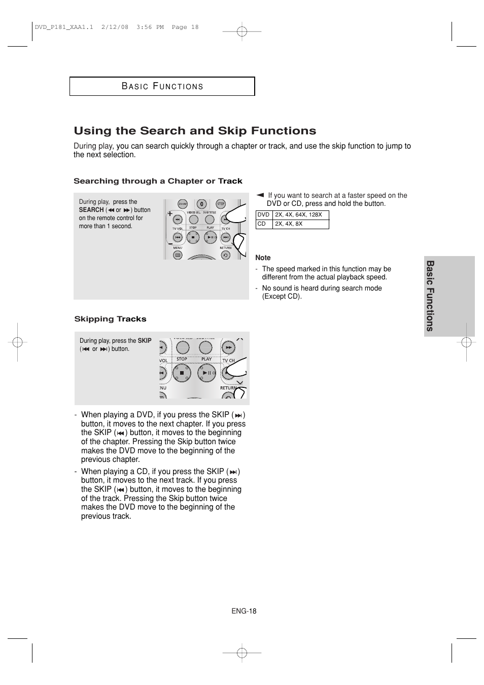 Using the search and skip functions, Basic functions b | Samsung DVD-P181 User Manual | Page 18 / 55