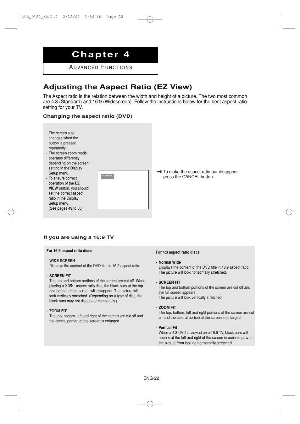 Adjusting the aspect ratio (ez view) | Samsung DVD-P181 User Manual | Page 22 / 55