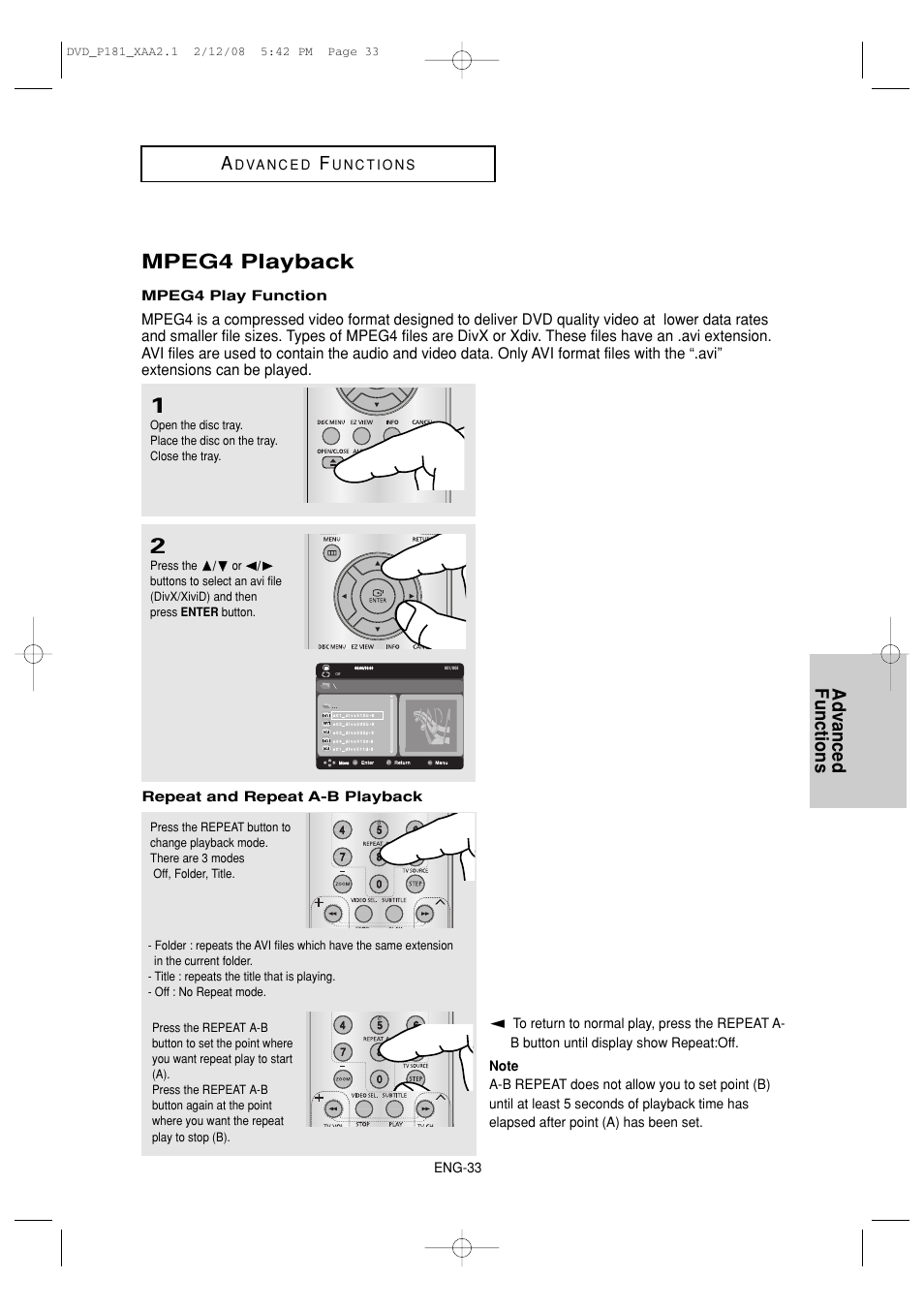 Mpeg4 playback, Advanced functions a | Samsung DVD-P181 User Manual | Page 33 / 55