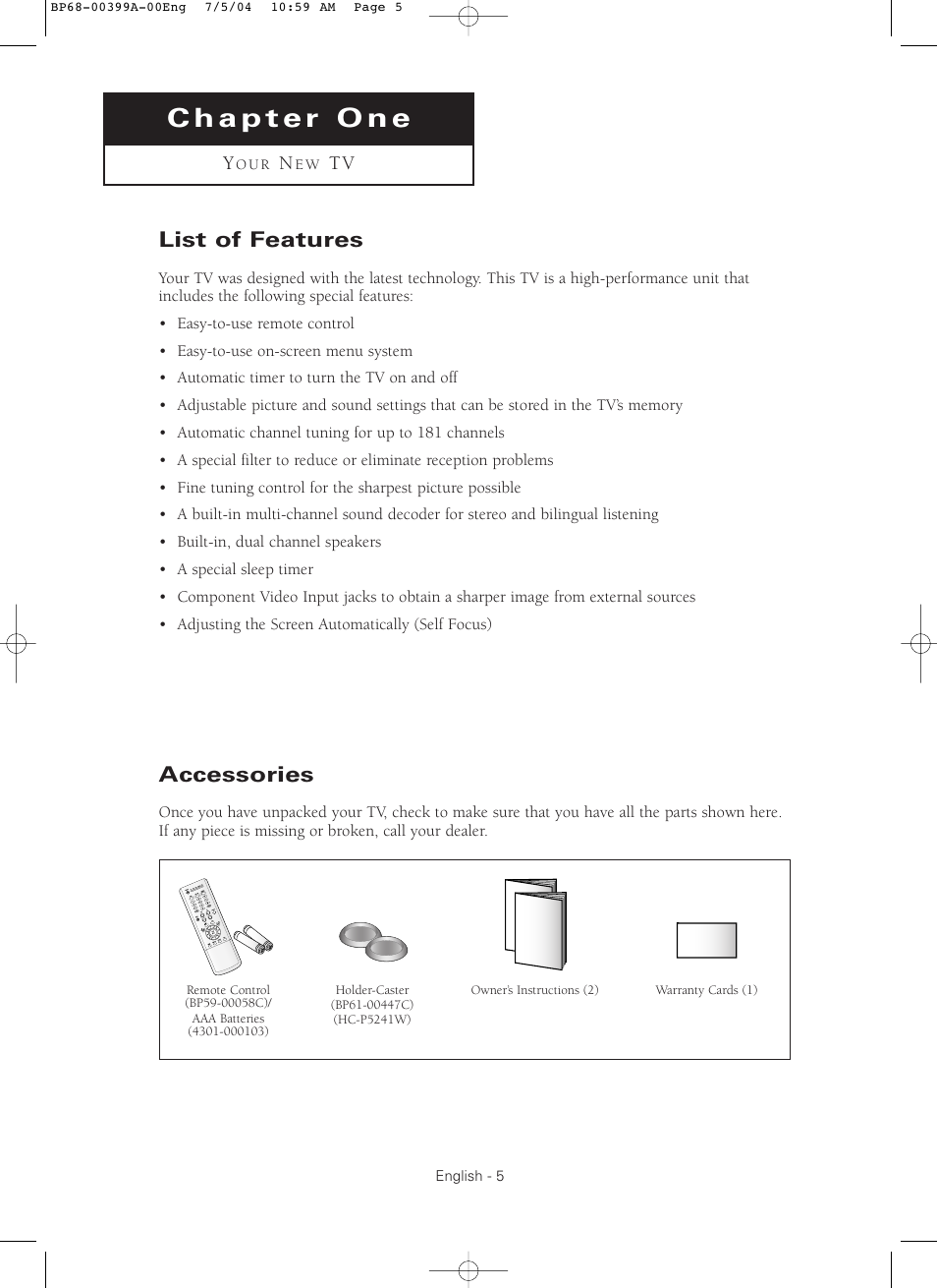 Chapter 1: your new digital tv, List of features, Accessories | Samsung HC P4241W User Manual | Page 5 / 59