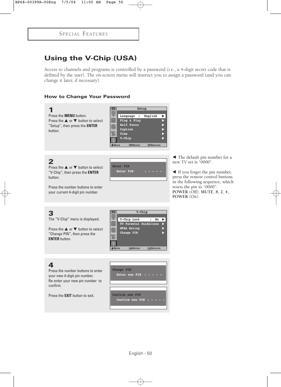 Using the v-chip (usa) | Samsung HC P4241W User Manual | Page 50 / 59