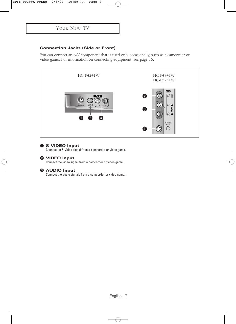 Connection jacks (side or front) | Samsung HC P4241W User Manual | Page 7 / 59
