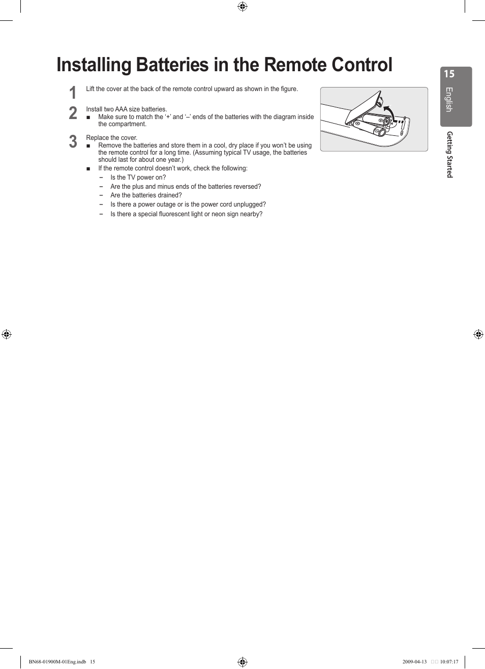 Installing batteries in the remote control | Samsung BN68-01900M-01 User Manual | Page 15 / 107