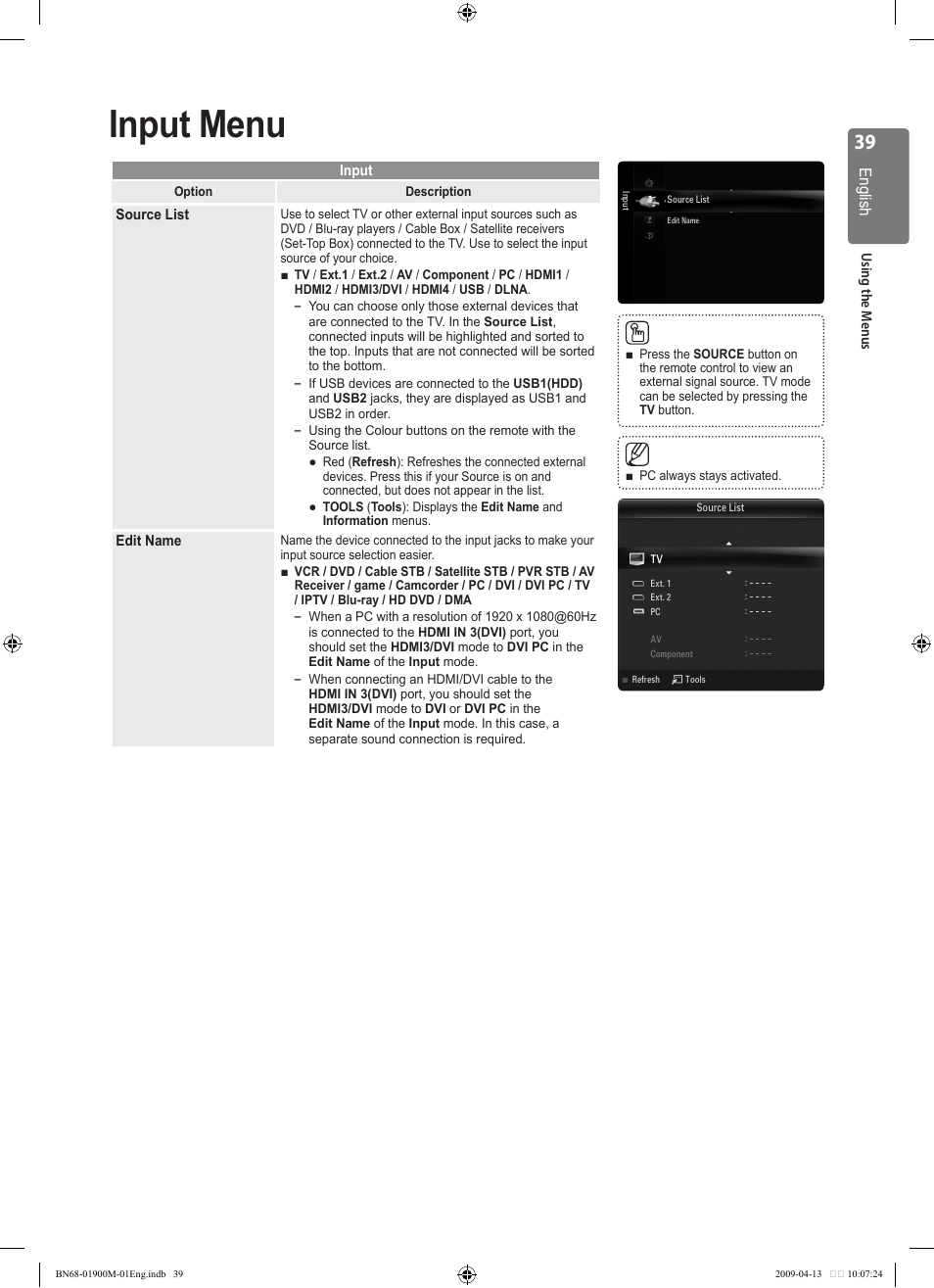 Input menu | Samsung BN68-01900M-01 User Manual | Page 39 / 107
