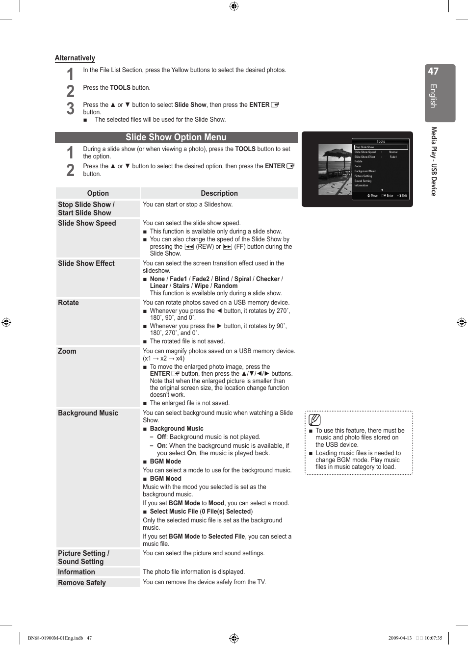 Slide show option menu | Samsung BN68-01900M-01 User Manual | Page 47 / 107