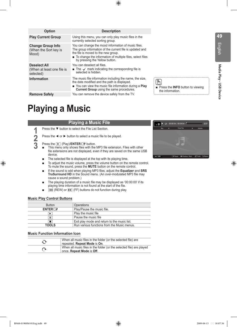 Playing a music, Playing a music file | Samsung BN68-01900M-01 User Manual | Page 49 / 107