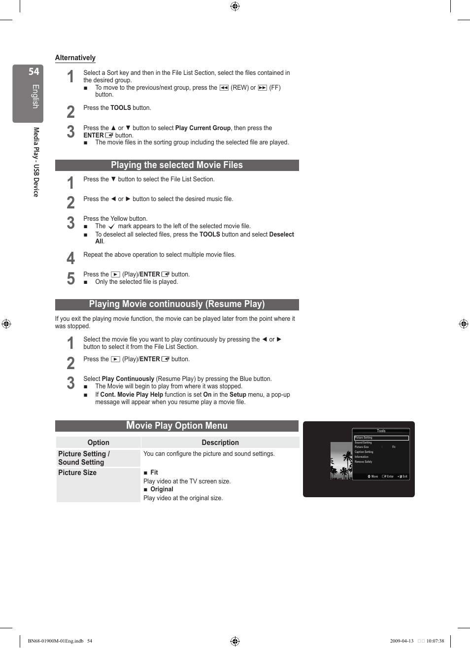 Playing the selected movie files, Playing movie continuously (resume play), Ovie play option menu | Samsung BN68-01900M-01 User Manual | Page 54 / 107