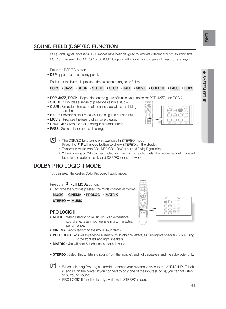 Sound field (dsp)/eq function, Dolby pro logic ii mode | Samsung AH68-02166R User Manual | Page 63 / 78