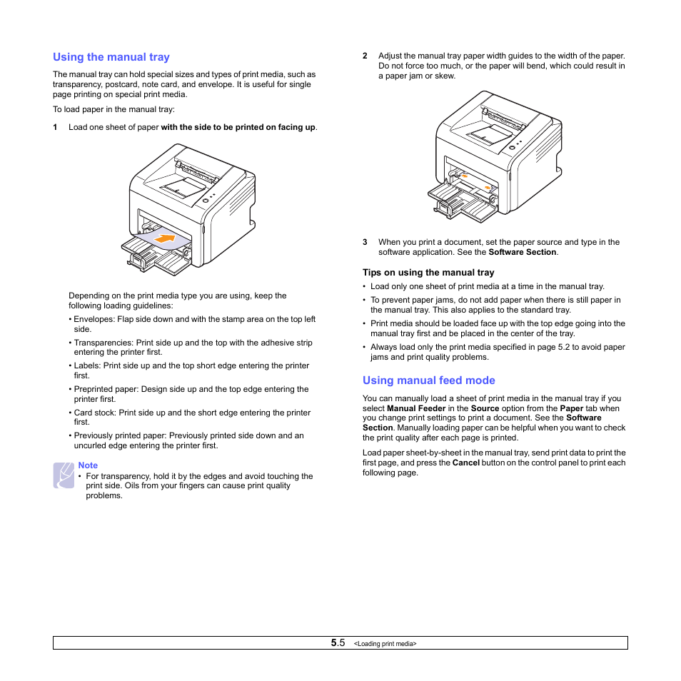 Using the manual tray, Using manual feed mode | Samsung ML-2510 User Manual | Page 24 / 85