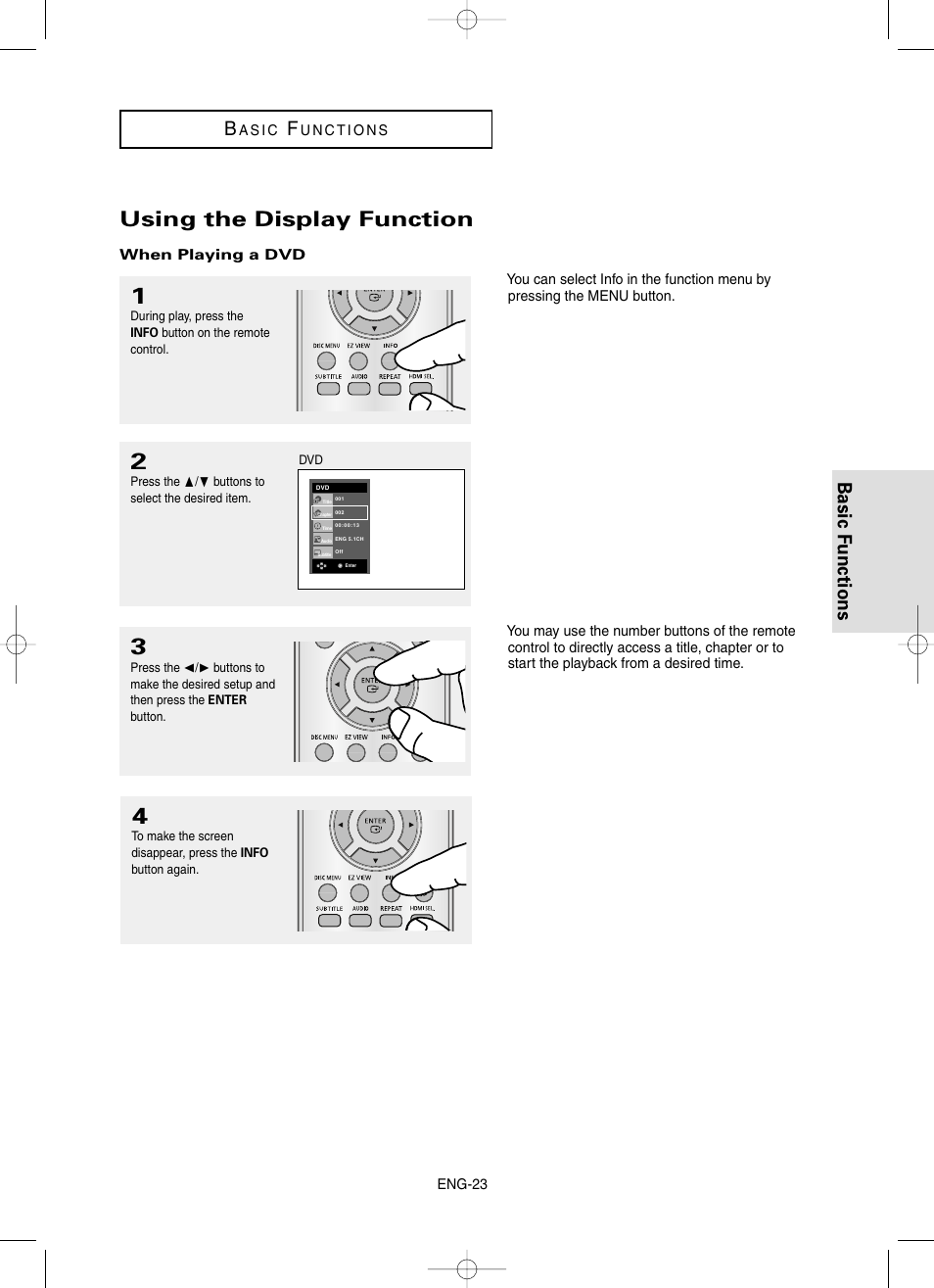 Using the display function, Basic functions b | Samsung DVD-HD860 User Manual | Page 23 / 64