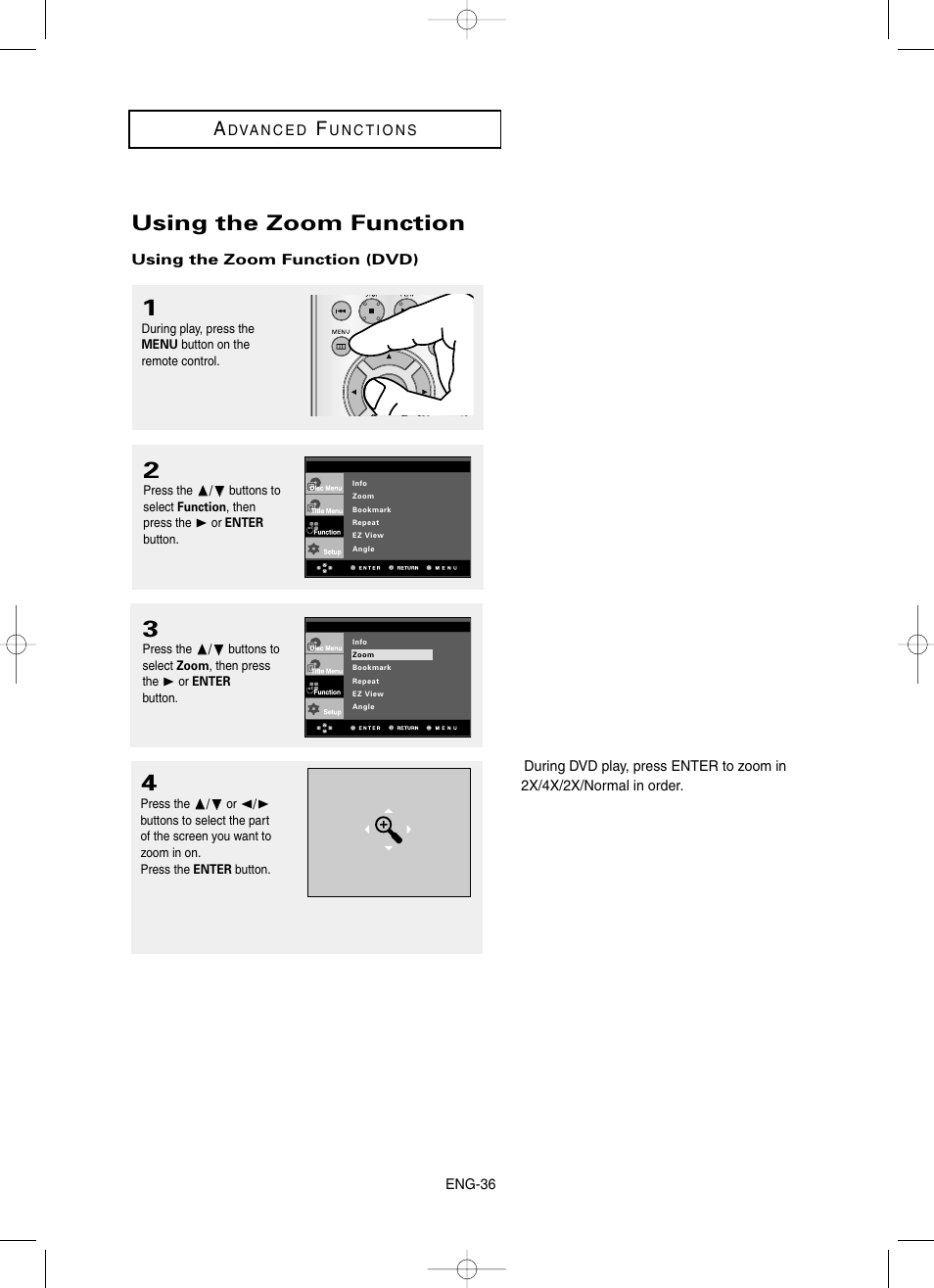 Using the zoom function | Samsung DVD-HD860 User Manual | Page 36 / 64