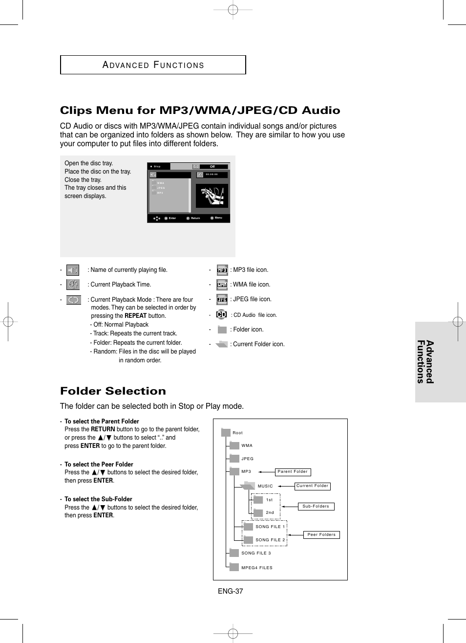 Clips menu for mp3/wma/jpeg/cd audio, Folder selection, Advanced functions a | Samsung DVD-HD860 User Manual | Page 37 / 64