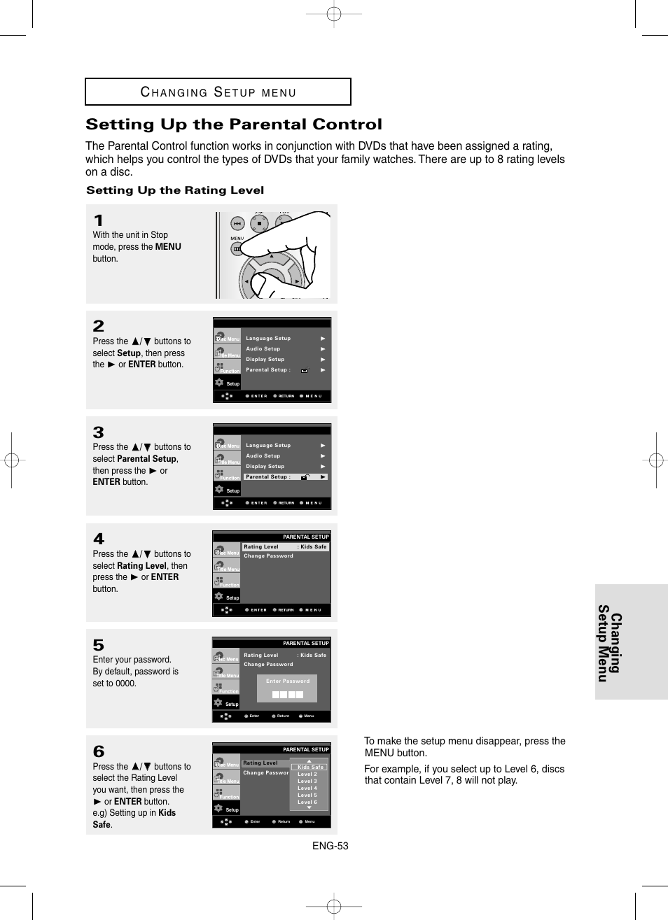 Setting up the parental control, Changing setup menu, Eng-53 | Setting up the rating level | Samsung DVD-HD860 User Manual | Page 53 / 64