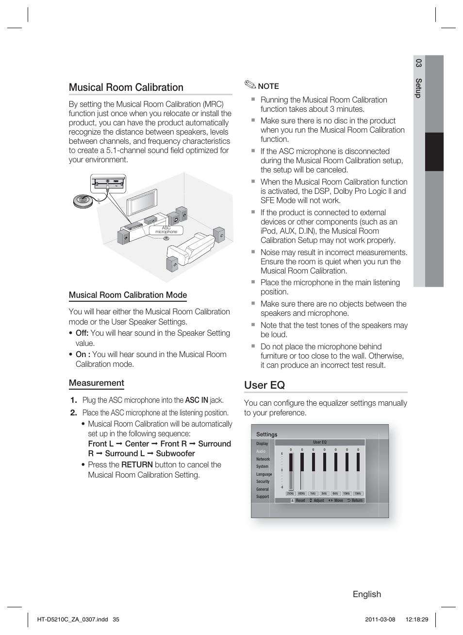 Musical room calibration, User eq, English | Musical room calibration mode, Measurement | Samsung HT-D5210C User Manual | Page 35 / 78